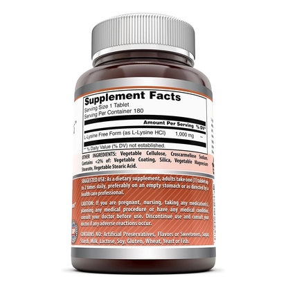 Amazing Formulas L-Lysin 1000 mg – 180 Tabletten – Aminosäurepräparat – Nicht-GVO – Glutenfrei – Hergestellt in den USA