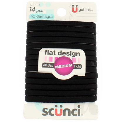 Scuni No-Damage Haargummis – Komfortable schwarze Flachgummis für den ganzen Tag, 14 Stück pro Packung (3er-Pack)