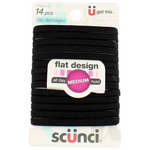 Scuni No-Damage Haargummis – Komfortable schwarze Flachgummis für den ganzen Tag, 14 Stück pro Packung (3er-Pack)