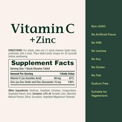 Nature's Bounty Vitamin C + Zink – 60 Tabletten zur Unterstützung des Immunsystems