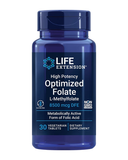 Life Extension Hochdosiertes Optimiertes Folat – L-Methylfolat – Folsäure, 8500 µg DFE – Herz- & Gehirnunterstützung, Gesunde Homocysteinspiegel – Glutenfrei, Nicht-GVO, Vegetarisch – 30 Tabletten