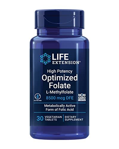 Life Extension Hochdosiertes Optimiertes Folat – L-Methylfolat – Folsäure, 8500 µg DFE – Herz- & Gehirnunterstützung, Gesunde Homocysteinspiegel – Glutenfrei, Nicht-GVO, Vegetarisch – 30 Tabletten