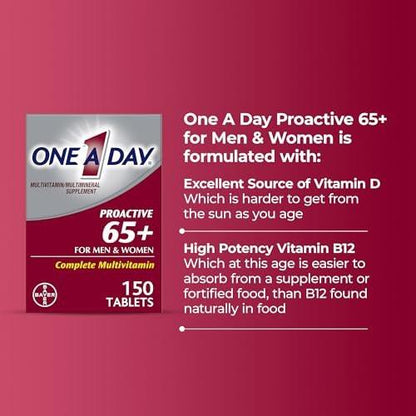 One A Day Proactive 65+ Multivitamin für Männer und Frauen, 150 Tabletten – Unterstützt Knochen- und Zellgesundheit mit Vitamin A, C, D, Zink, Calcium und Folsäure