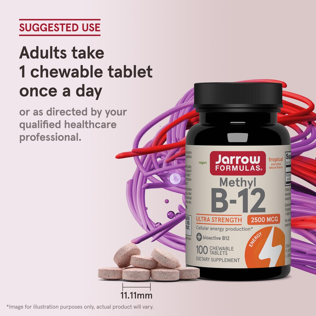Jarrow Formulas Methyl Vitamin B12 2500 mcg – 100 Kautabletten, tropischer Geschmack – Bioaktives Vitamin B12 für Energieproduktion, Gehirngesundheit & Stoffwechsel