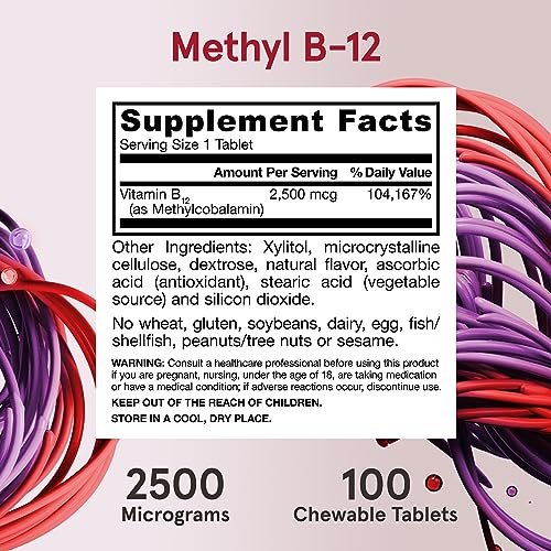 Jarrow Formulas Methyl Vitamin B12 2500 mcg – 100 Kautabletten, tropischer Geschmack – Bioaktives Vitamin B12 für Energieproduktion, Gehirngesundheit & Stoffwechsel