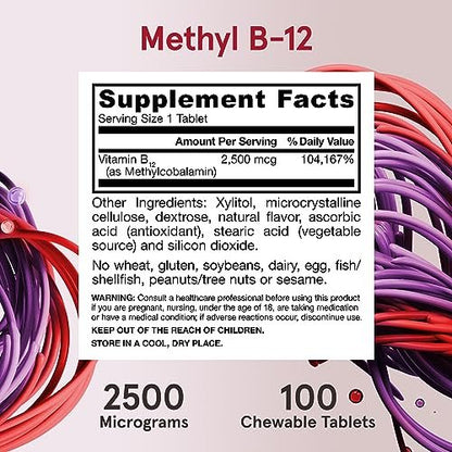 Jarrow Formulas Methyl Vitamin B12 2500 mcg – 100 Kautabletten, tropischer Geschmack – Bioaktives Vitamin B12 für Energieproduktion, Gehirngesundheit & Stoffwechsel