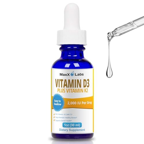 MaxX Labs Vitamin D3 K2 Liquid Drops – Flüssiges Vitamin D3 2000 IE pro Tropfen mit K2 MK7 für Knochen, Herz und Immunsystem – 30 ml Flasche mit Pipette, über 900 Tage Versorgung