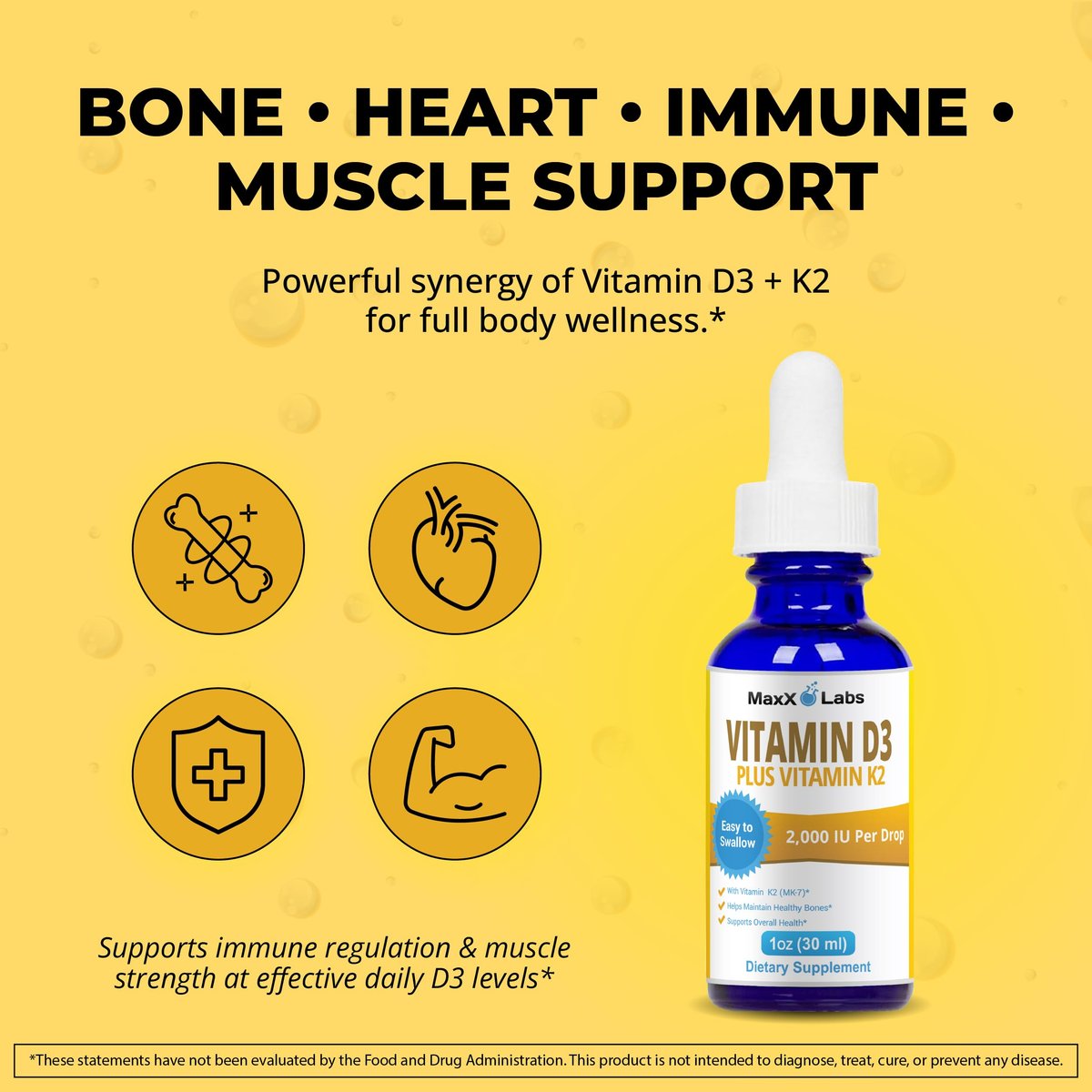MaxX Labs Vitamin D3 K2 Liquid Drops – Flüssiges Vitamin D3 2000 IE pro Tropfen mit K2 MK7 für Knochen, Herz und Immunsystem – 30 ml Flasche mit Pipette, über 900 Tage Versorgung