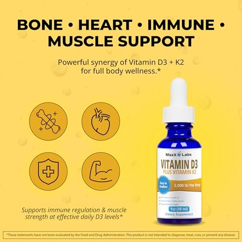 MaxX Labs Vitamin D3 K2 Liquid Drops – Flüssiges Vitamin D3 2000 IE pro Tropfen mit K2 MK7 für Knochen, Herz und Immunsystem – 30 ml Flasche mit Pipette, über 900 Tage Versorgung