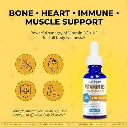 MaxX Labs Vitamin D3 K2 Liquid Drops – Flüssiges Vitamin D3 2000 IE pro Tropfen mit K2 MK7 für Knochen, Herz und Immunsystem – 30 ml Flasche mit Pipette, über 900 Tage Versorgung