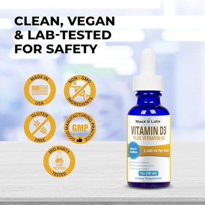 MaxX Labs Vitamin D3 K2 Liquid Drops – Flüssiges Vitamin D3 2000 IE pro Tropfen mit K2 MK7 für Knochen, Herz und Immunsystem – 30 ml Flasche mit Pipette, über 900 Tage Versorgung