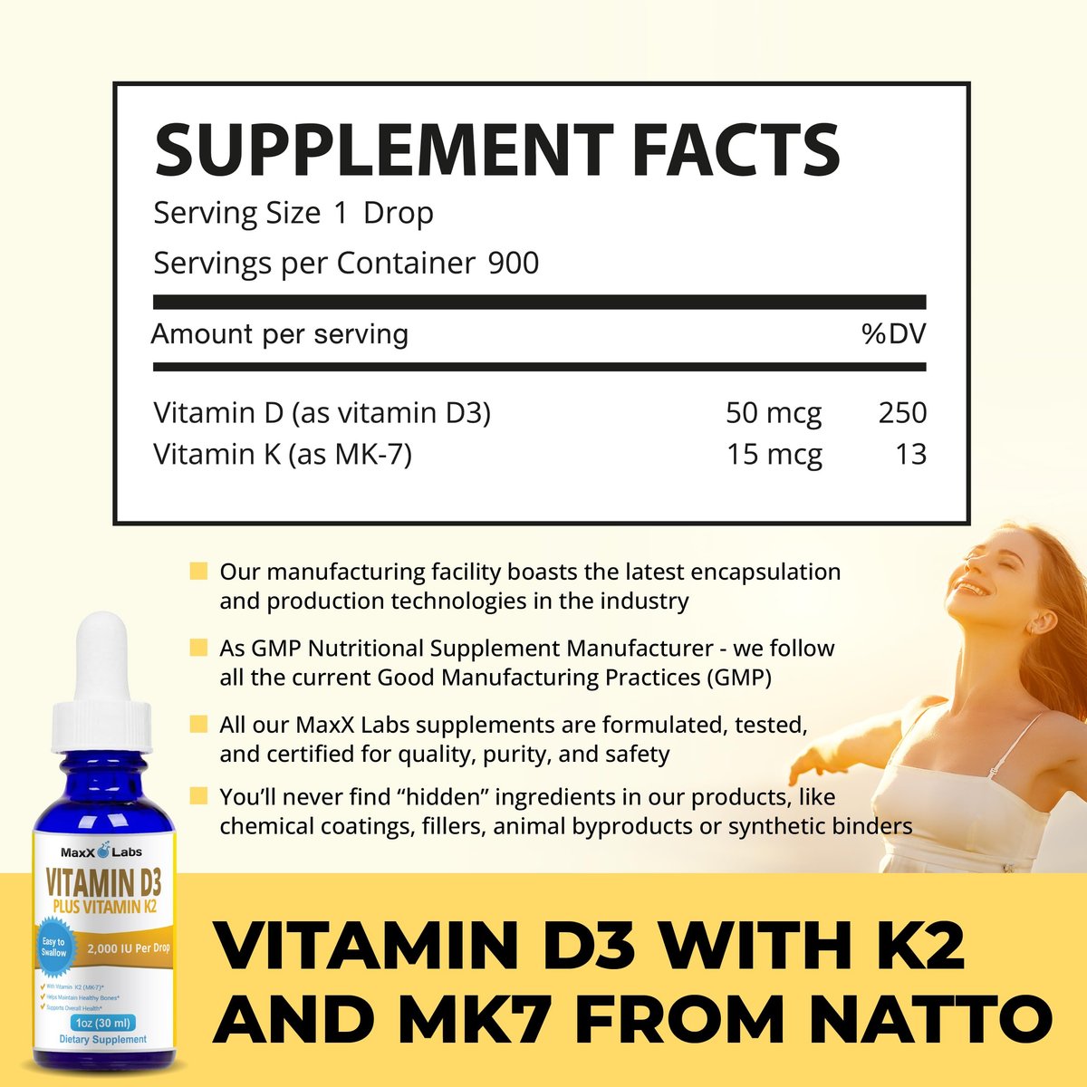 MaxX Labs Vitamin D3 K2 Liquid Drops – Flüssiges Vitamin D3 2000 IE pro Tropfen mit K2 MK7 für Knochen, Herz und Immunsystem – 30 ml Flasche mit Pipette, über 900 Tage Versorgung