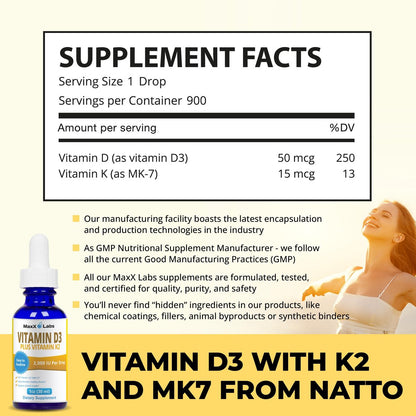 MaxX Labs Vitamin D3 K2 Liquid Drops – Flüssiges Vitamin D3 2000 IE pro Tropfen mit K2 MK7 für Knochen, Herz und Immunsystem – 30 ml Flasche mit Pipette, über 900 Tage Versorgung