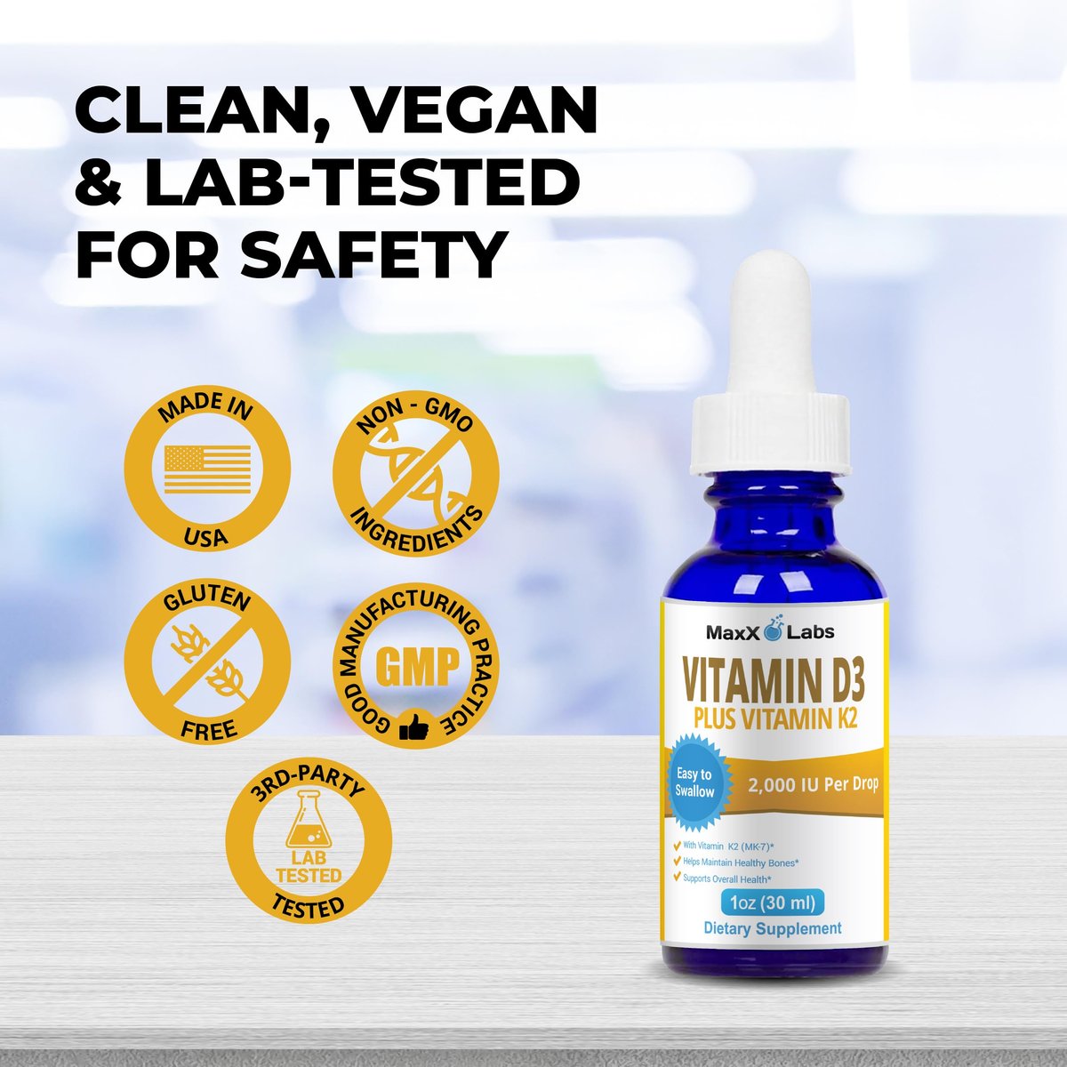 MaxX Labs Vitamin D3 K2 Liquid Drops – Flüssiges Vitamin D3 2000 IE pro Tropfen mit K2 MK7 für Knochen, Herz und Immunsystem – 30 ml Flasche mit Pipette, über 900 Tage Versorgung
