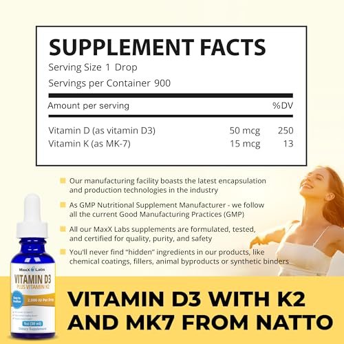 MaxX Labs Vitamin D3 K2 Liquid Drops – Flüssiges Vitamin D3 2000 IE pro Tropfen mit K2 MK7 für Knochen, Herz und Immunsystem – 30 ml Flasche mit Pipette, über 900 Tage Versorgung