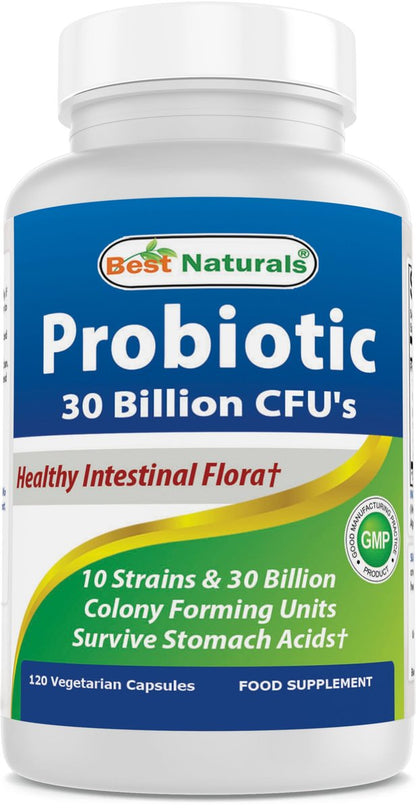 Best Naturals Probiotikum 10 Stämme & 30 Milliarden KBE Darmflora, 120 vegane Kapseln - Regalstabil