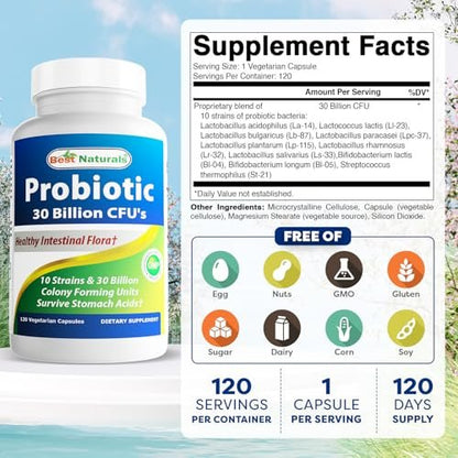 Best Naturals Probiotikum 10 Stämme & 30 Milliarden KBE Darmflora, 120 vegane Kapseln - Regalstabil
