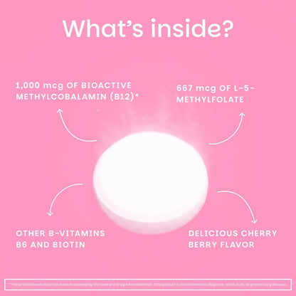 EZ Melts Energy, Memory & Mood Enhancer - B-Vitamine Komplex mit Vitamin B12, B6, Folsäure & Biotin - Non-GMO & Vegan - Kirsche-Beere - 60 lösliche Tabletten (60 Portionen)