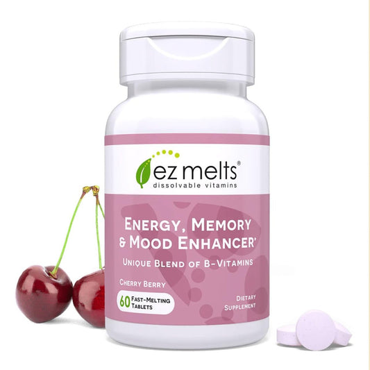 EZ Melts Energy, Memory & Mood Enhancer - B-Vitamine Komplex mit Vitamin B12, B6, Folsäure & Biotin - Non-GMO & Vegan - Kirsche-Beere - 60 lösliche Tabletten (60 Portionen)