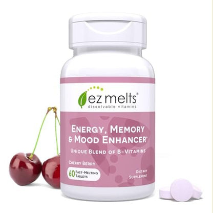 EZ Melts Energy, Memory & Mood Enhancer - B-Vitamine Komplex mit Vitamin B12, B6, Folsäure & Biotin - Non-GMO & Vegan - Kirsche-Beere - 60 lösliche Tabletten (60 Portionen)