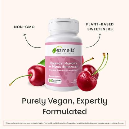 EZ Melts Energy, Memory & Mood Enhancer - B-Vitamine Komplex mit Vitamin B12, B6, Folsäure & Biotin - Non-GMO & Vegan - Kirsche-Beere - 60 lösliche Tabletten (60 Portionen)