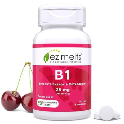 EZ Melts Vitamin B1 25 mg – Thiamin Lutschtabletten für Energie, Stress & Zellunterstützung – Kirschgeschmack – 90 Tabletten (45 Portionen)