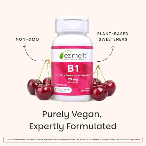 EZ Melts Vitamin B1 25 mg – Thiamin Lutschtabletten für Energie, Stress & Zellunterstützung – Kirschgeschmack – 90 Tabletten (45 Portionen)
