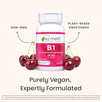 EZ Melts Vitamin B1 25 mg – Thiamin Lutschtabletten für Energie, Stress & Zellunterstützung – Kirschgeschmack – 90 Tabletten (45 Portionen)
