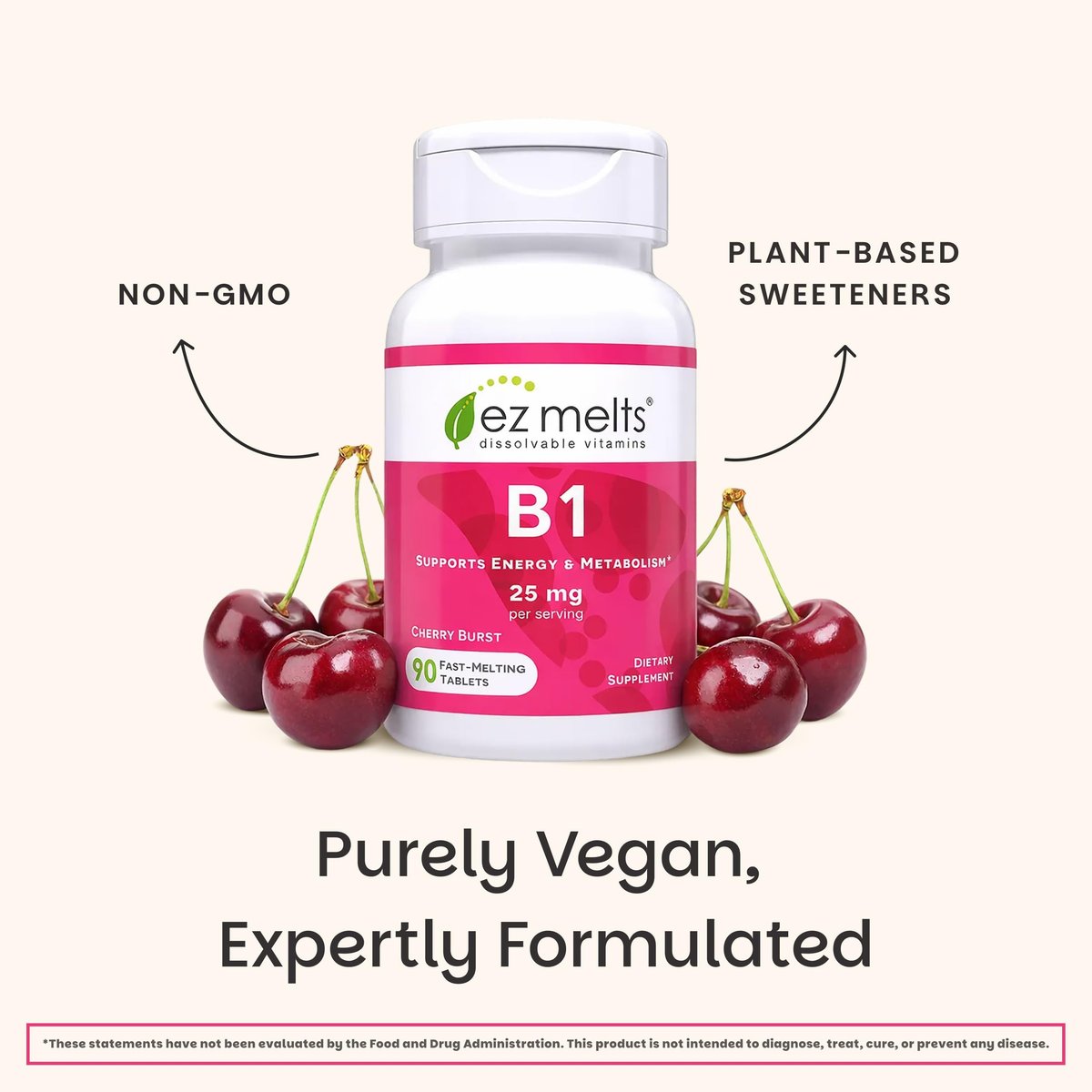 EZ Melts Vitamin B1 25 mg – Thiamin Lutschtabletten für Energie, Stress & Zellunterstützung – Kirschgeschmack – 90 Tabletten (45 Portionen)