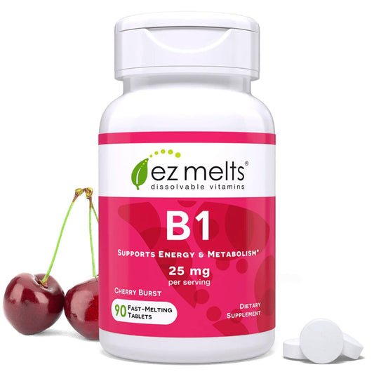EZ Melts Vitamin B1 25 mg – Thiamin Lutschtabletten für Energie, Stress & Zellunterstützung – Kirschgeschmack – 90 Tabletten (45 Portionen)
