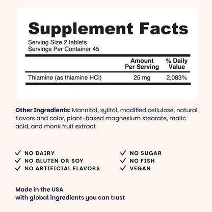 EZ Melts Vitamin B1 25 mg – Thiamin Lutschtabletten für Energie, Stress & Zellunterstützung – Kirschgeschmack – 90 Tabletten (45 Portionen)