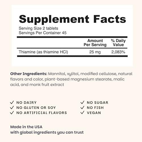 EZ Melts Vitamin B1 25 mg – Thiamin Lutschtabletten für Energie, Stress & Zellunterstützung – Kirschgeschmack – 90 Tabletten (45 Portionen)