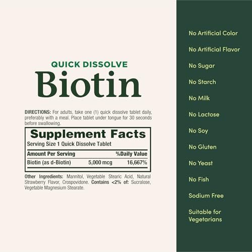 Nature's Bounty Biotin 5000 mcg – 60 Tabletten zum Schnellauflösen – Unterstützt Stoffwechsel, Energie, Haare, Haut und Nägel