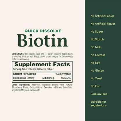 Nature's Bounty Biotin 5000 mcg – 60 Tabletten zum Schnellauflösen – Unterstützt Stoffwechsel, Energie, Haare, Haut und Nägel
