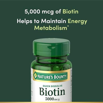 Nature's Bounty Biotin 5000 mcg – 60 Tabletten zum Schnellauflösen – Unterstützt Stoffwechsel, Energie, Haare, Haut und Nägel