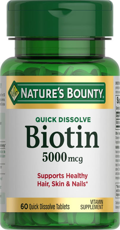 Nature's Bounty Biotin 5000 mcg – 60 Tabletten zum Schnellauflösen – Unterstützt Stoffwechsel, Energie, Haare, Haut und Nägel