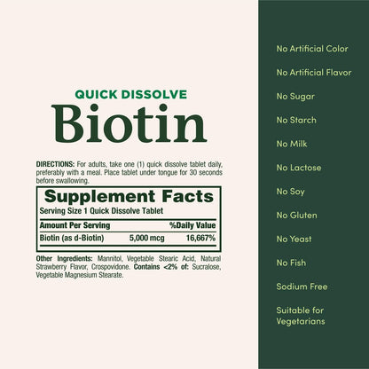 Nature's Bounty Biotin 5000 mcg – 60 Tabletten zum Schnellauflösen – Unterstützt Stoffwechsel, Energie, Haare, Haut und Nägel