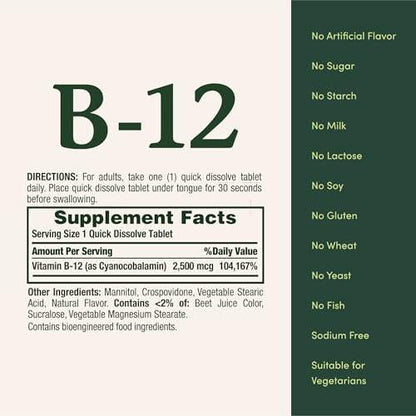 Nature’s Bounty Vitamin B12 2500 mcg – 75 Schnell lösliche Tabletten für Energie, Herz & Nervensystem