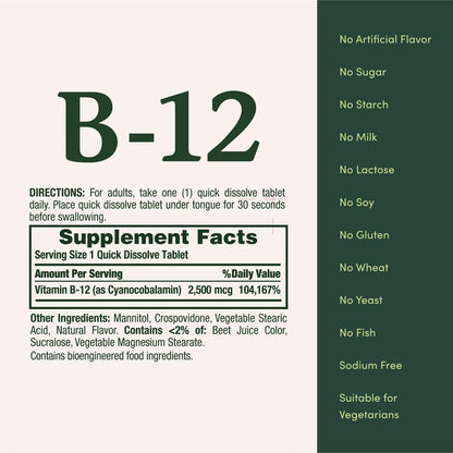 Nature’s Bounty Vitamin B12 2500 mcg – 75 Schnell lösliche Tabletten für Energie, Herz & Nervensystem