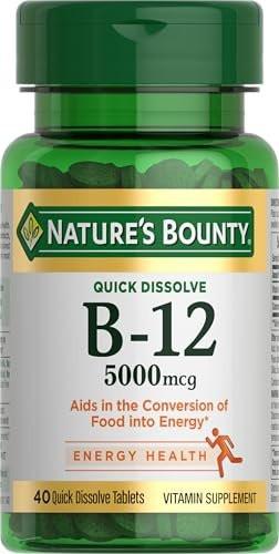 Nature's Bounty Vitamin B12 5000mcg, 40 Tabletten zum schnellen Zerkauen – Unterstützt Energiestoffwechsel und Nervensystem