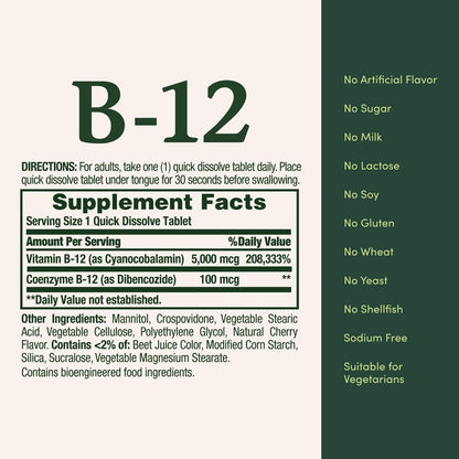 Nature's Bounty Vitamin B12 5000mcg, 40 Tabletten zum schnellen Zerkauen – Unterstützt Energiestoffwechsel und Nervensystem