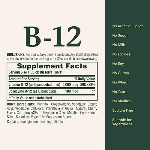 Nature's Bounty Vitamin B12 5000mcg, 40 Tabletten zum schnellen Zerkauen – Unterstützt Energiestoffwechsel und Nervensystem