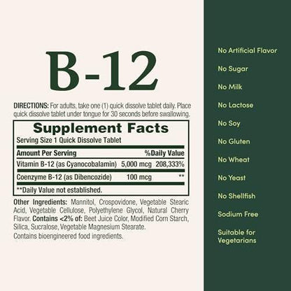 Nature's Bounty Vitamin B12 5000mcg, 40 Tabletten zum schnellen Zerkauen – Unterstützt Energiestoffwechsel und Nervensystem