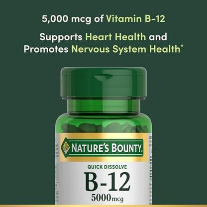 Nature's Bounty Vitamin B12 5000mcg, 40 Tabletten zum schnellen Zerkauen – Unterstützt Energiestoffwechsel und Nervensystem