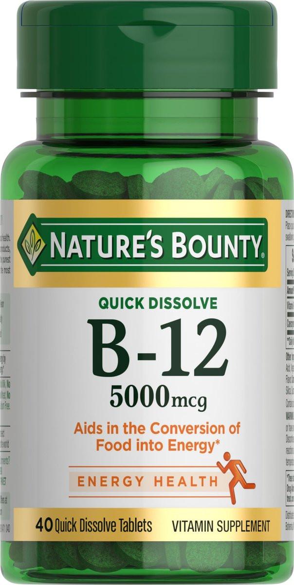 Nature's Bounty Vitamin B12 5000mcg, 40 Tabletten zum schnellen Zerkauen – Unterstützt Energiestoffwechsel und Nervensystem