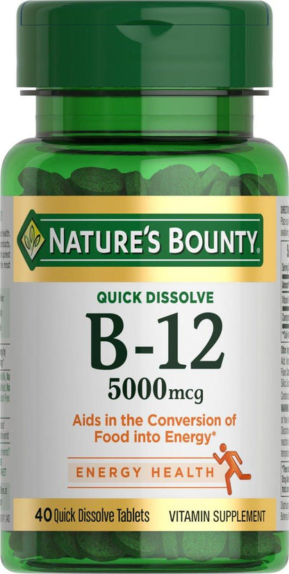 Nature's Bounty Vitamin B12 5000mcg, 40 Tabletten zum schnellen Zerkauen – Unterstützt Energiestoffwechsel und Nervensystem