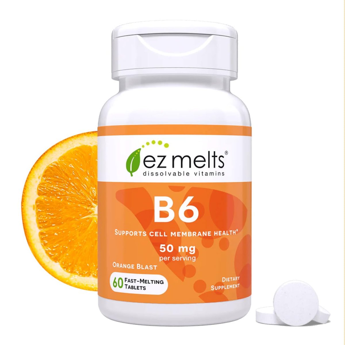 EZ Melts Vitamin B6 – Gehirn & Herz Gesundheit Supplement – Unterstützt den Energiestoffwechsel – Ohne künstliche Aromen – Nicht-GVO & Vegan – Orange Blast – 60 lösliche Tabletten (30 Portionen)