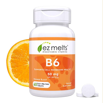 EZ Melts Vitamin B6 – Gehirn & Herz Gesundheit Supplement – Unterstützt den Energiestoffwechsel – Ohne künstliche Aromen – Nicht-GVO & Vegan – Orange Blast – 60 lösliche Tabletten (30 Portionen)