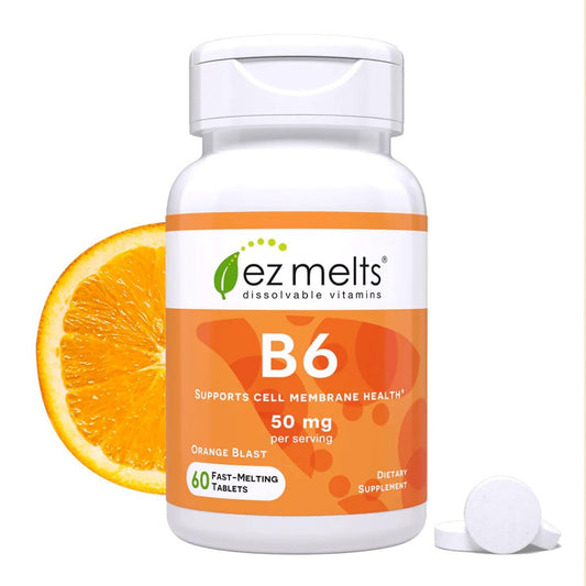 EZ Melts Vitamin B6 – Gehirn & Herz Gesundheit Supplement – Unterstützt den Energiestoffwechsel – Ohne künstliche Aromen – Nicht-GVO & Vegan – Orange Blast – 60 lösliche Tabletten (30 Portionen)