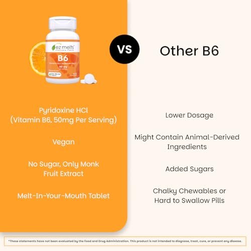 EZ Melts Vitamin B6 – Gehirn & Herz Gesundheit Supplement – Unterstützt den Energiestoffwechsel – Ohne künstliche Aromen – Nicht-GVO & Vegan – Orange Blast – 60 lösliche Tabletten (30 Portionen)